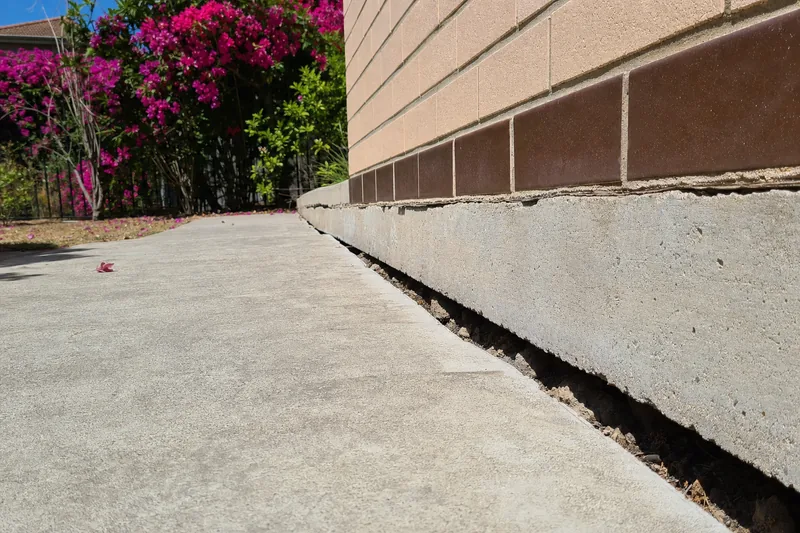 The edge of a concrete house slab standing above a lower concrete path, with an open gap and loose soil visible beneath the slab edge — concrete relevelling, Brisbane. Illustrative example.